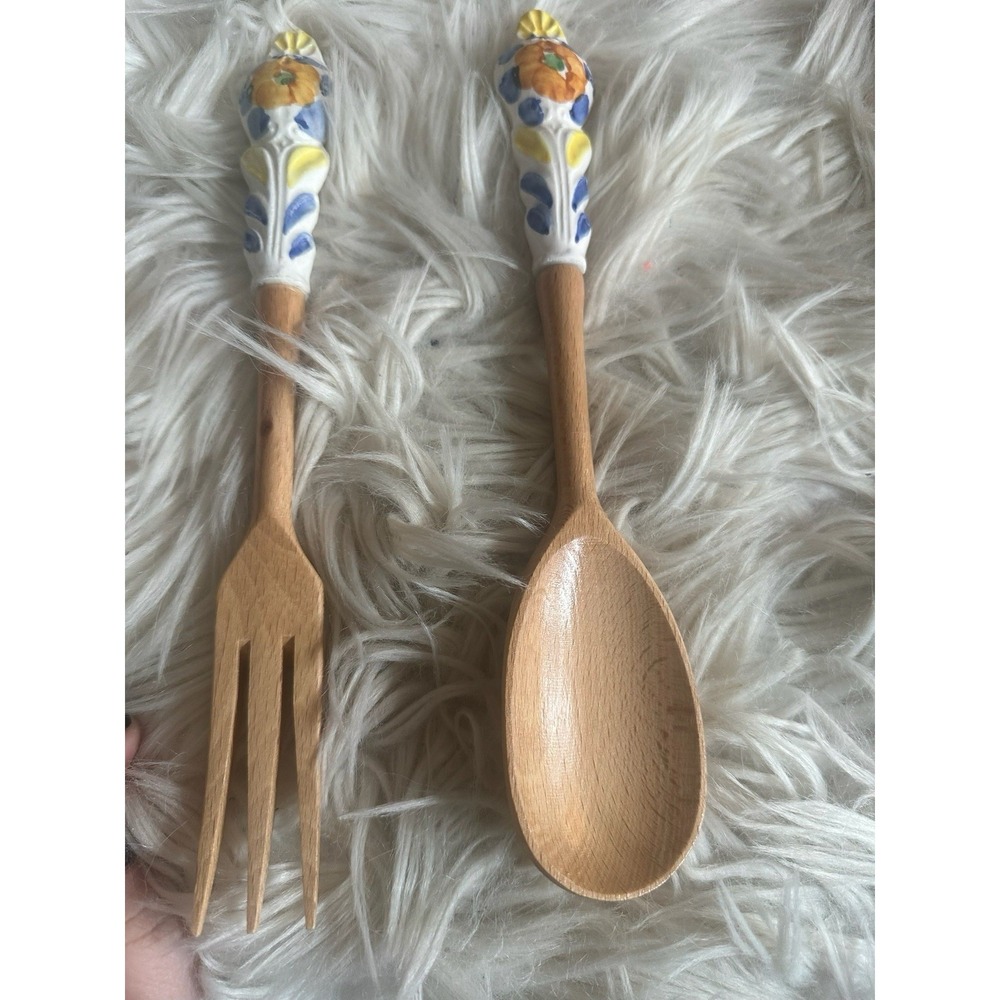 Italian Wooden Decorative Fork & Spoon w/ Ceramic handles